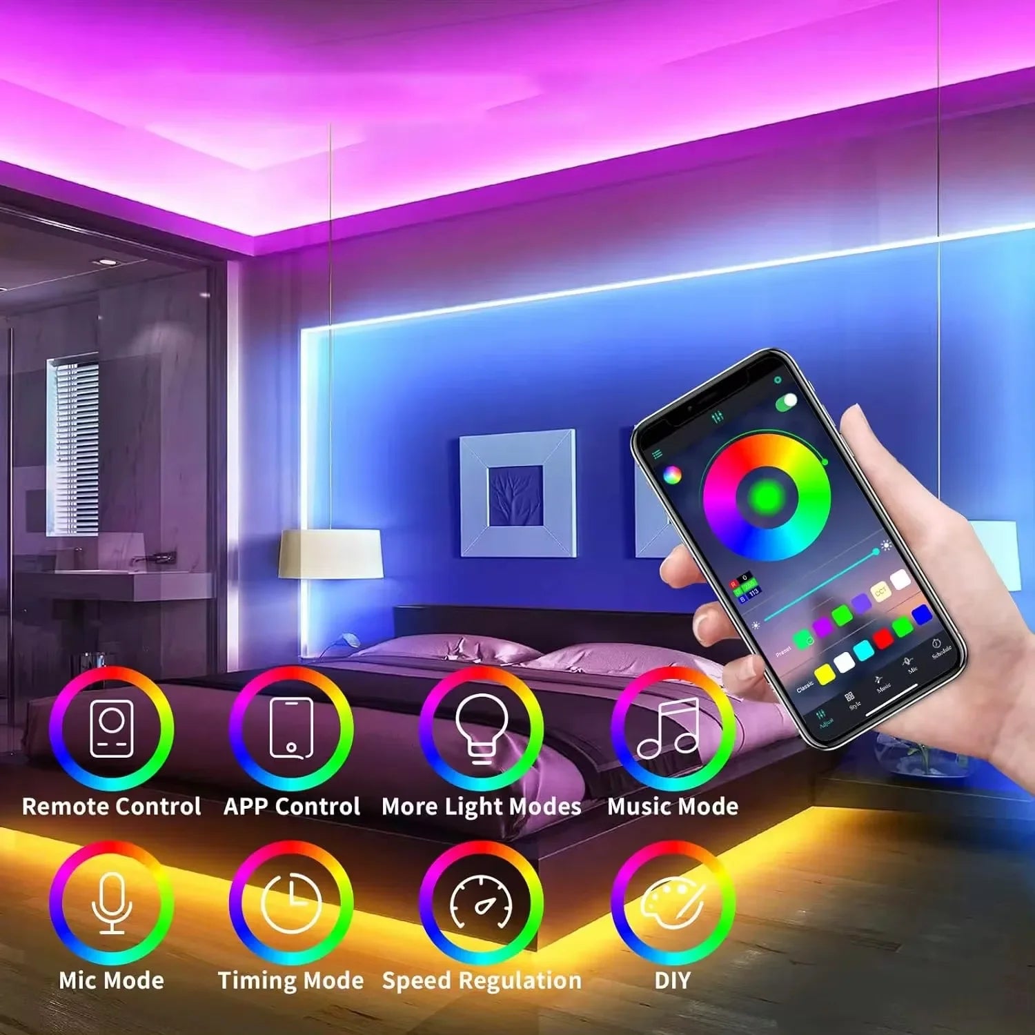RGB Neon LED Strip Lights 5M — Tuya App & Voice Control (IP65)