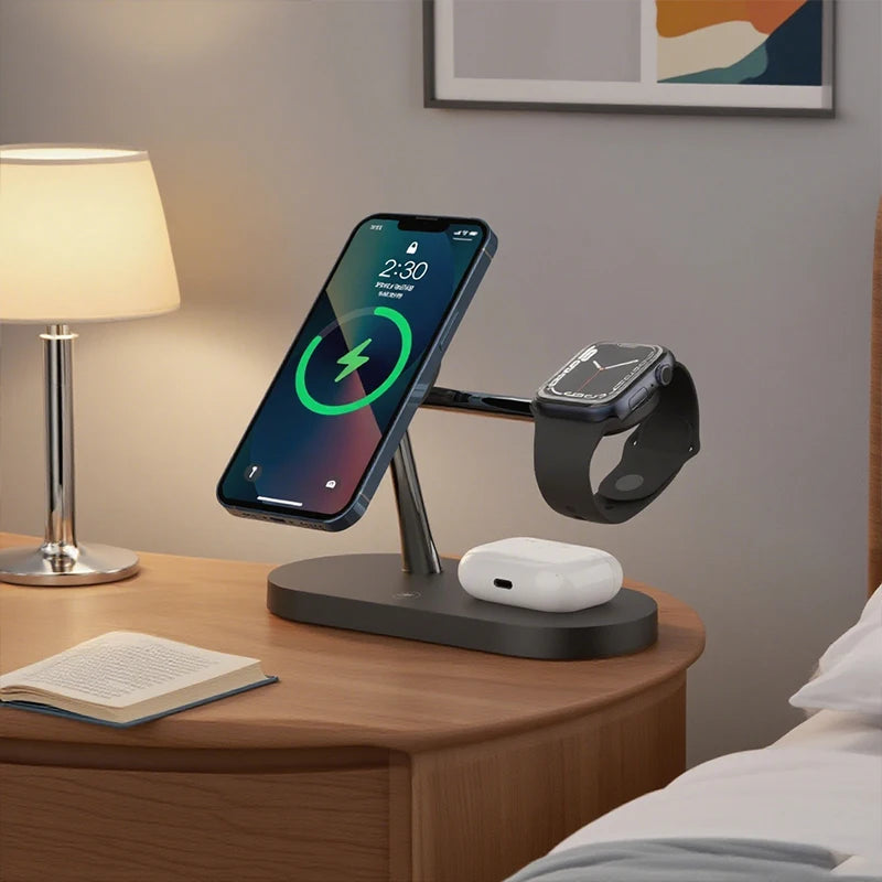 3-in-1 Foldable 30W Wireless Charger with LED — iPhone, AirPods & Apple Watch