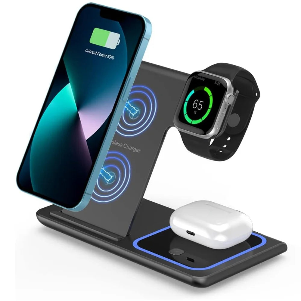 3-in-1 Foldable 30W Wireless Charger with LED — iPhone, AirPods & Apple Watch