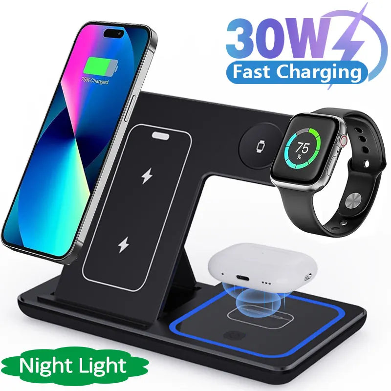3-in-1 Foldable 30W Wireless Charger with LED — iPhone, AirPods & Apple Watch