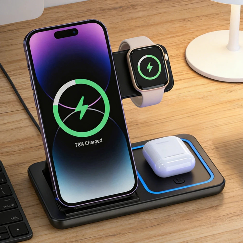 3-in-1 Foldable 30W Wireless Charger with LED — iPhone, AirPods & Apple Watch