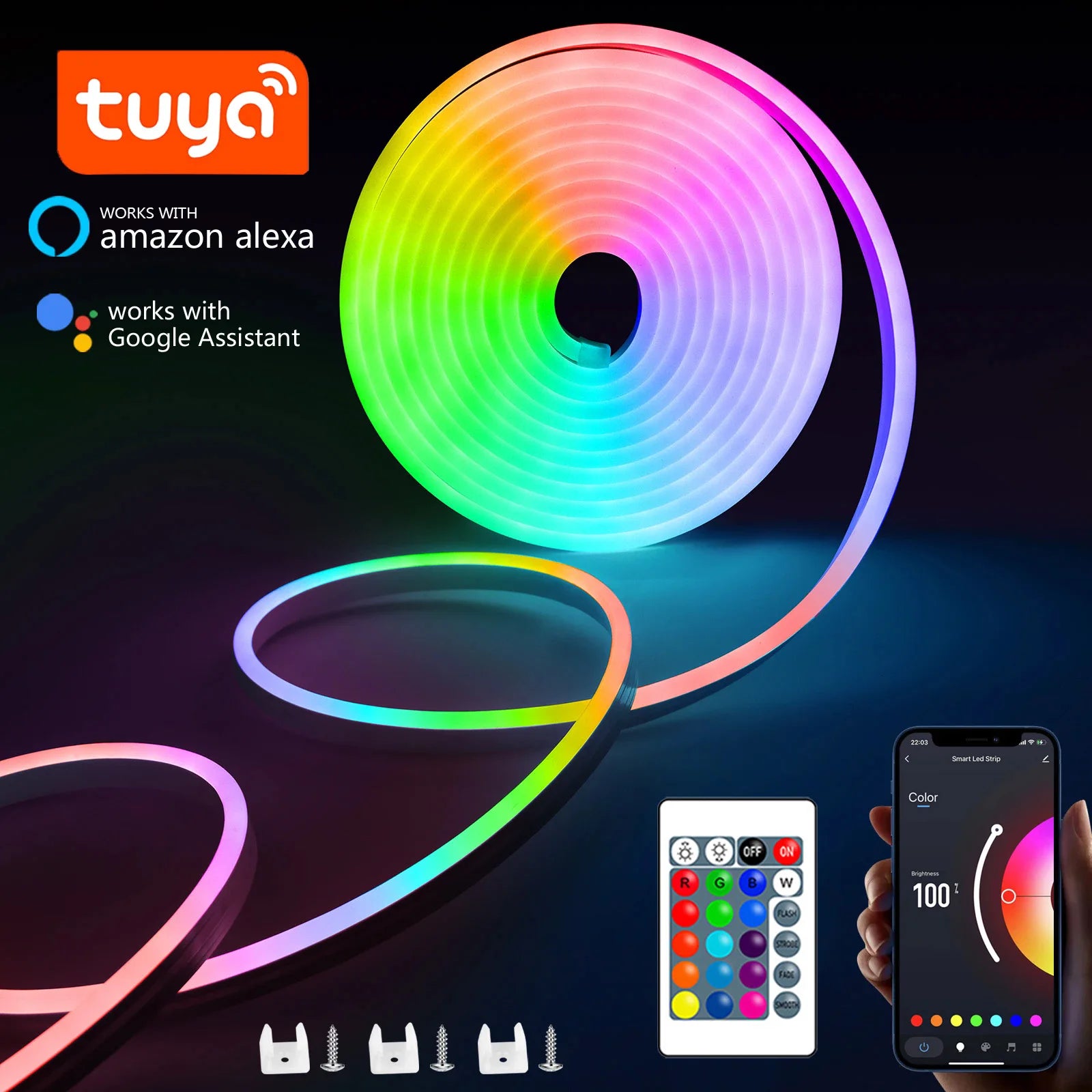 RGB Neon LED Strip Lights 5M — Tuya App & Voice Control (IP65)