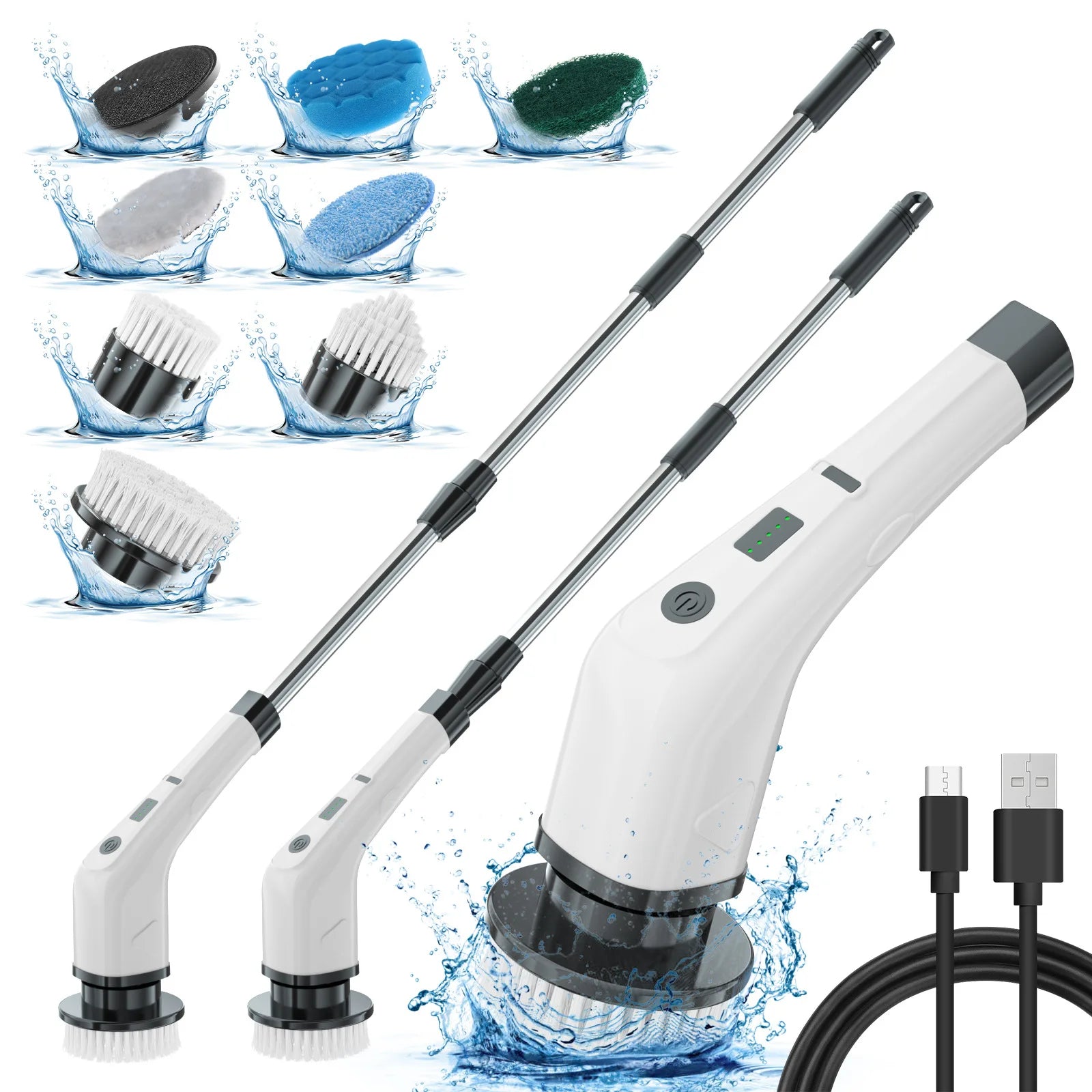 Cordless Electric Spin Scrubber — 4 Brush Heads, Long Handle